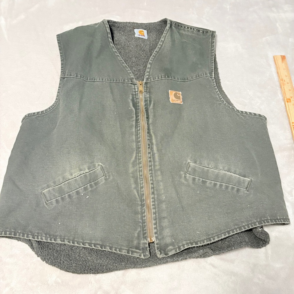 Carhartt Vintage Distressed Duck Canvas Sherpa Lined Vest Mens Green size XL